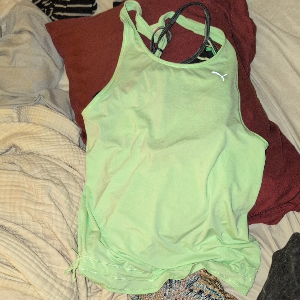 Puma Women's Pastel Lime Green Banded Bottom Sport Tank With Bra Racerback